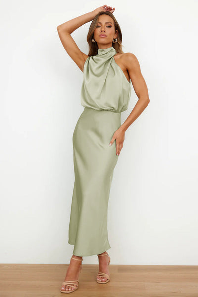 Cari | Long Satin Halter Neckline