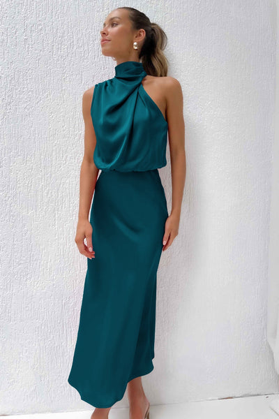 Cari | Long Satin Halter Neckline