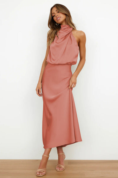 Cari | Long Satin Halter Neckline
