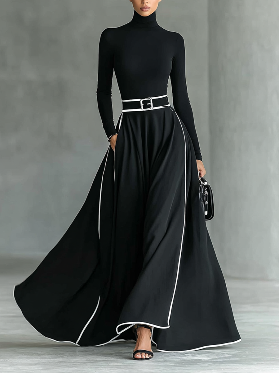 Black Maxi Dress - White Stitching, High Neck, Long Sleeves, Fitted Waist