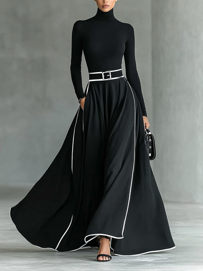 Black Maxi Dress - White Stitching, High Neck, Long Sleeves, Fitted Waist