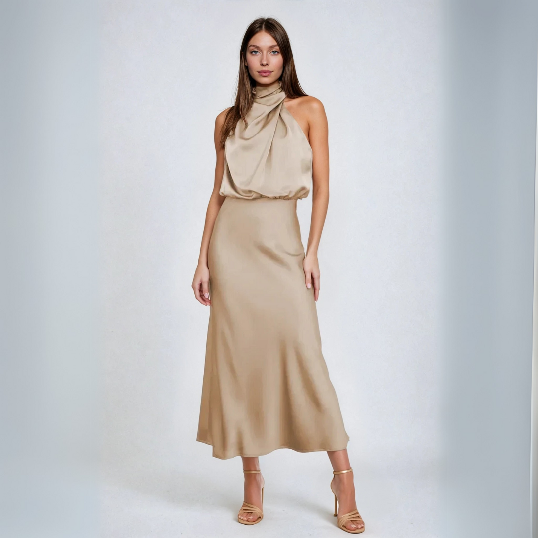 Cari | Long Satin Halter Neckline