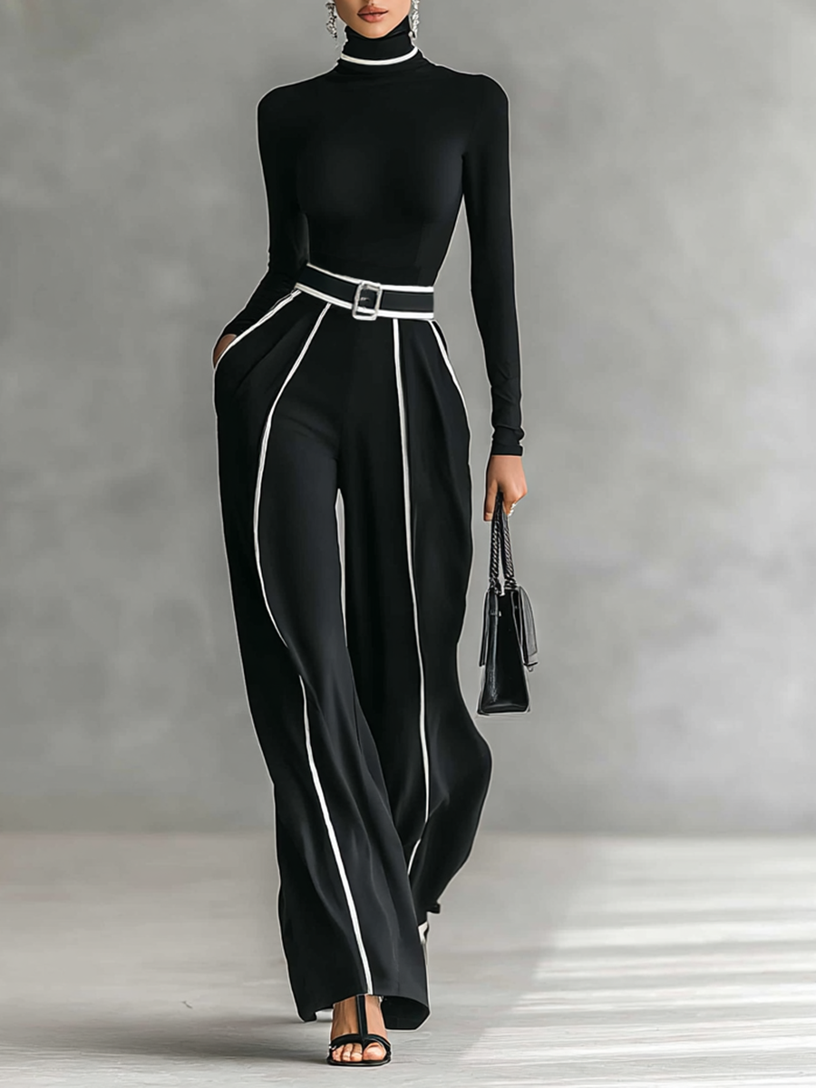 Two-piece Set - Long Sleeve Top, Wide Pants, Belt