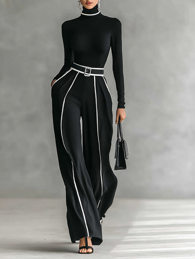 Two-piece Set - Long Sleeve Top, Wide Pants, Belt