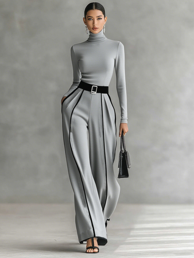Two-piece Set - Long Sleeve Top, Wide Pants, Belt