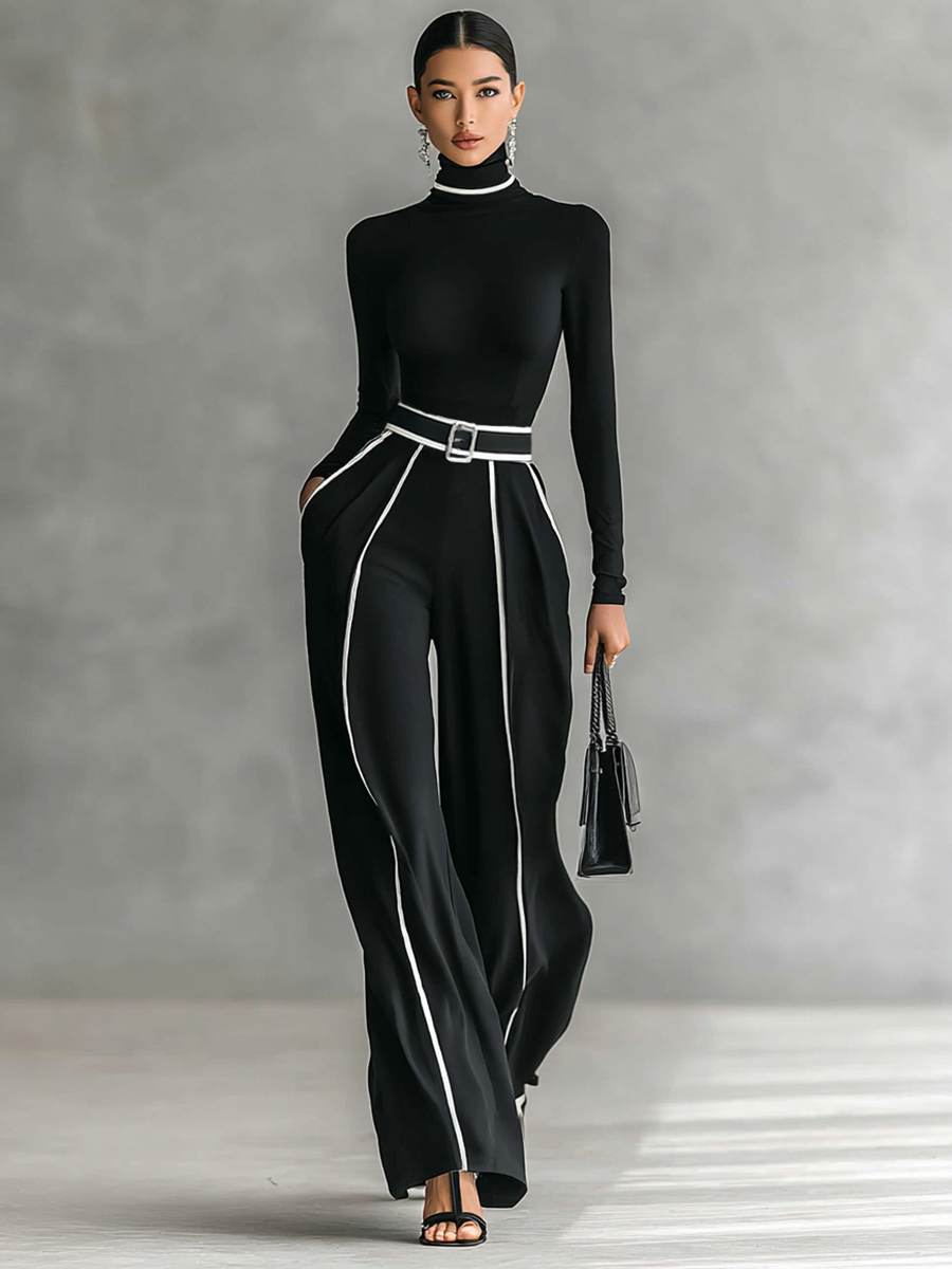 Two-piece Set - Long Sleeve Top, Wide Pants, Belt