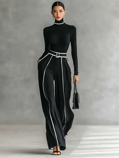 Two-piece Set - Long Sleeve Top, Wide Pants, Belt
