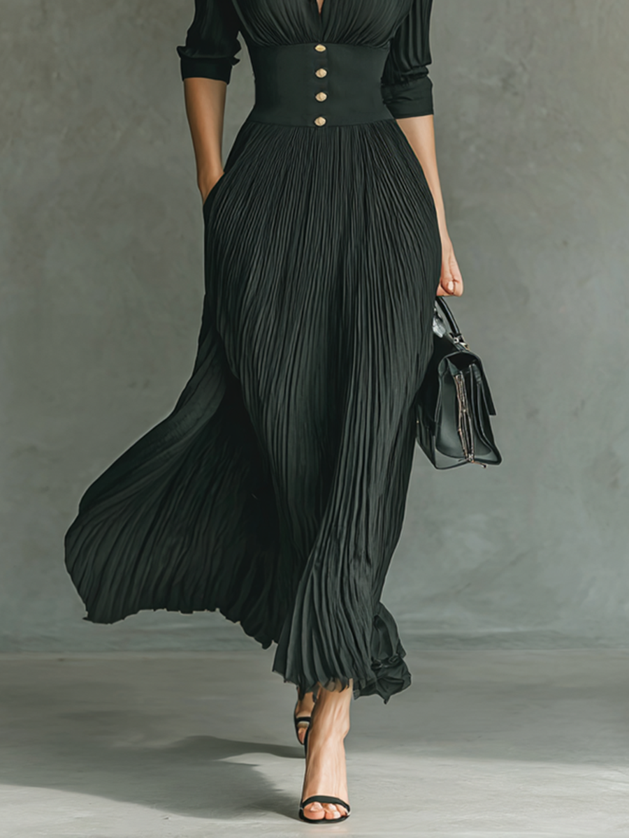 Maxi Dress - Long Sleeves, Notched Collar, Pleats
