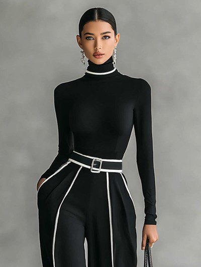 Two-piece Set - Long Sleeve Top, Wide Pants, Belt