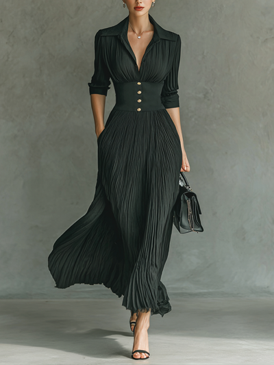 Maxi Dress - Long Sleeves, Notched Collar, Pleats