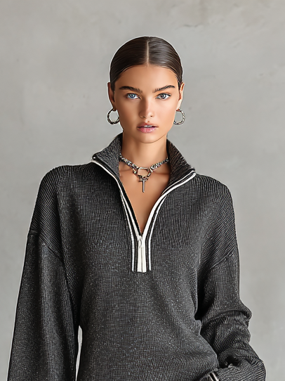 Mini Dress - Wide Knit Polo Collar