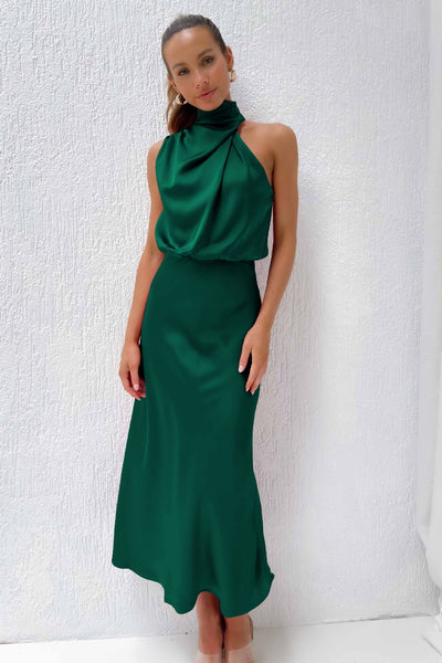 Cari | Long Satin Halter Neckline