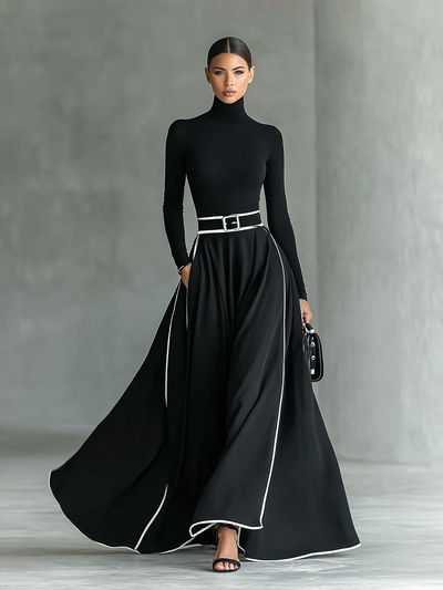 Black Maxi Dress - White Stitching, High Neck, Long Sleeves, Fitted Waist