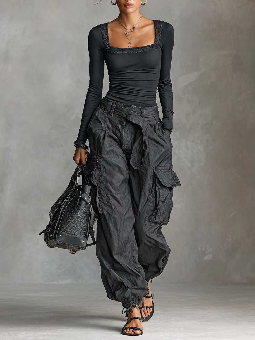 Two-Piece Set - Square Neck Tee Multi-Pocket Cargo Pants