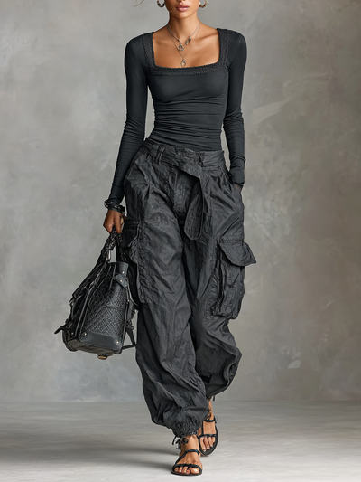 Two-Piece Set - Square Neck Tee Multi-Pocket Cargo Pants