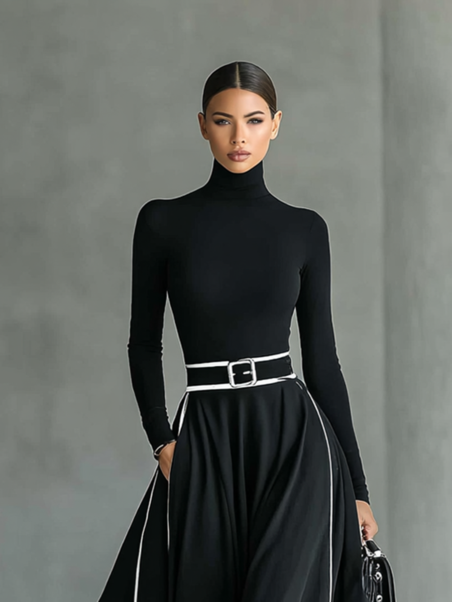 Black Maxi Dress - White Stitching, High Neck, Long Sleeves, Fitted Waist