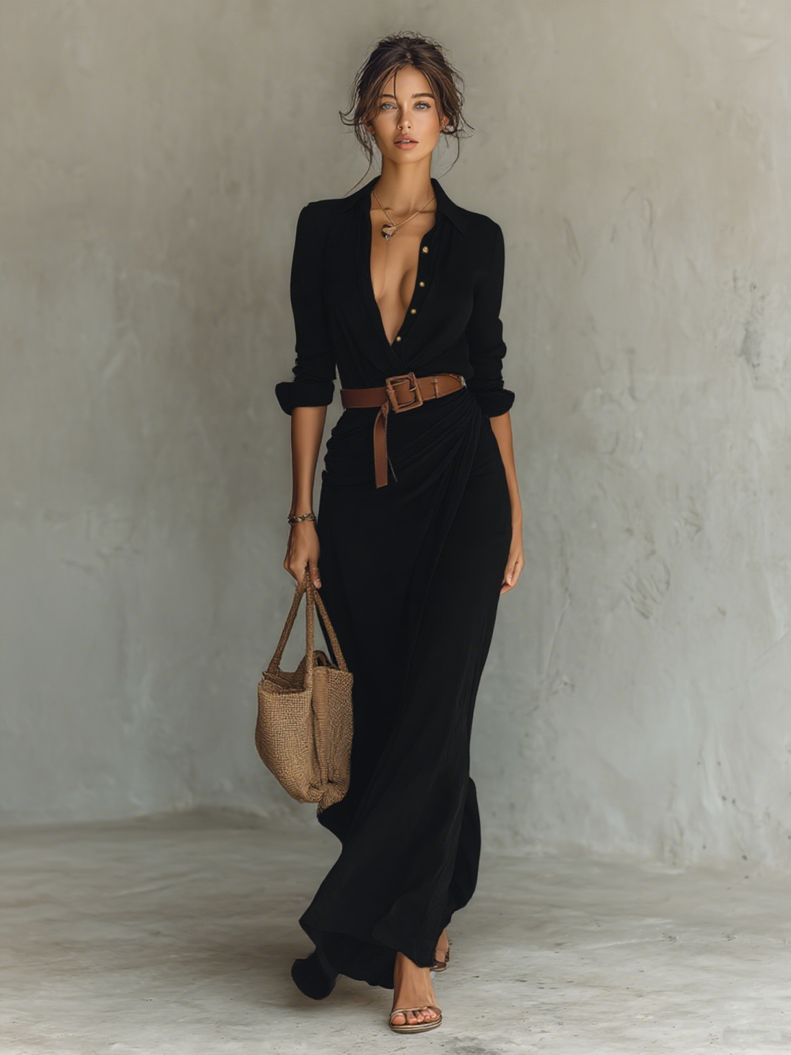 Maxi Dress - Notched Collar and Belt