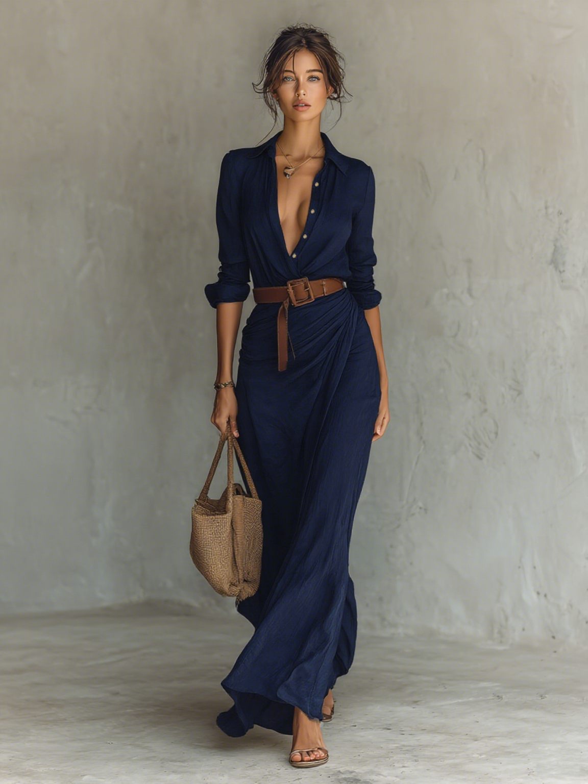 Maxi Dress - Notched Collar and Belt