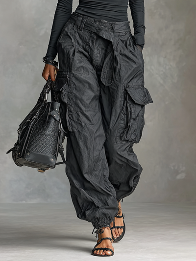 Two-Piece Set - Square Neck Tee Multi-Pocket Cargo Pants