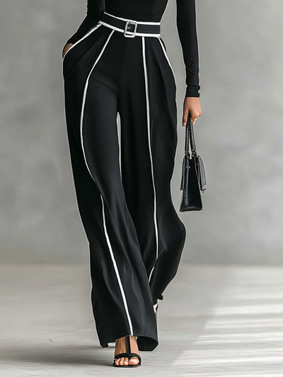 Two-piece Set - Long Sleeve Top, Wide Pants, Belt