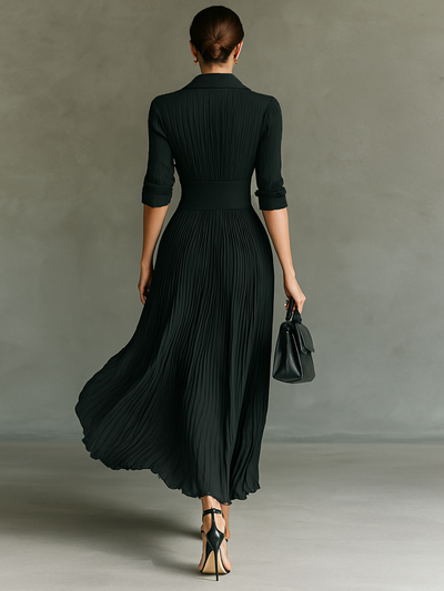 Maxi Dress - Long Sleeves, Notched Collar, Pleats