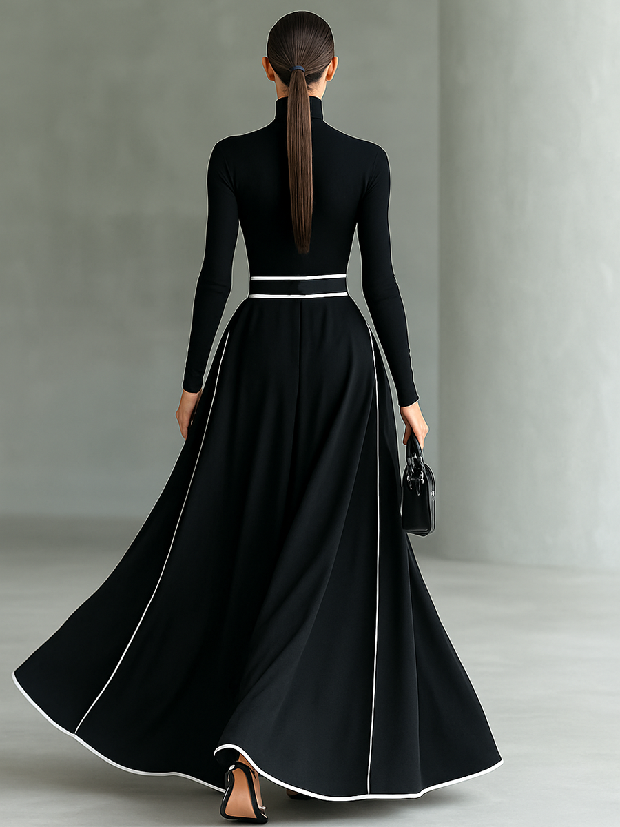 Black Maxi Dress - White Stitching, High Neck, Long Sleeves, Fitted Waist