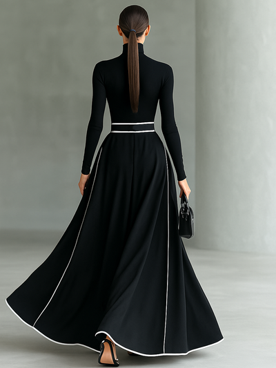 Black Maxi Dress - White Stitching, High Neck, Long Sleeves, Fitted Waist