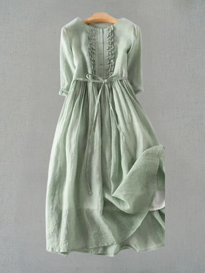 Krya - Retro Style Dress with Round Neck and Waist Ties