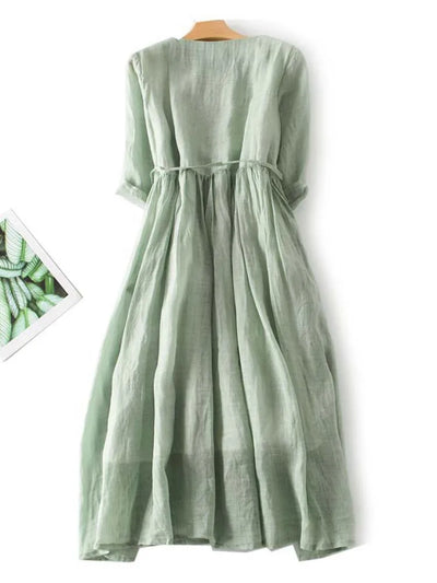 Krya - Retro Style Dress with Round Neck and Waist Ties