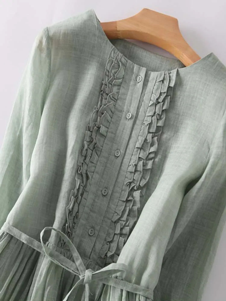 Krya - Retro Style Dress with Round Neck and Waist Ties