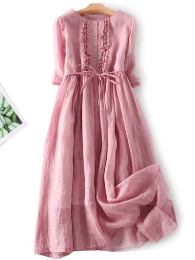 Krya - Retro Style Dress with Round Neck and Waist Ties