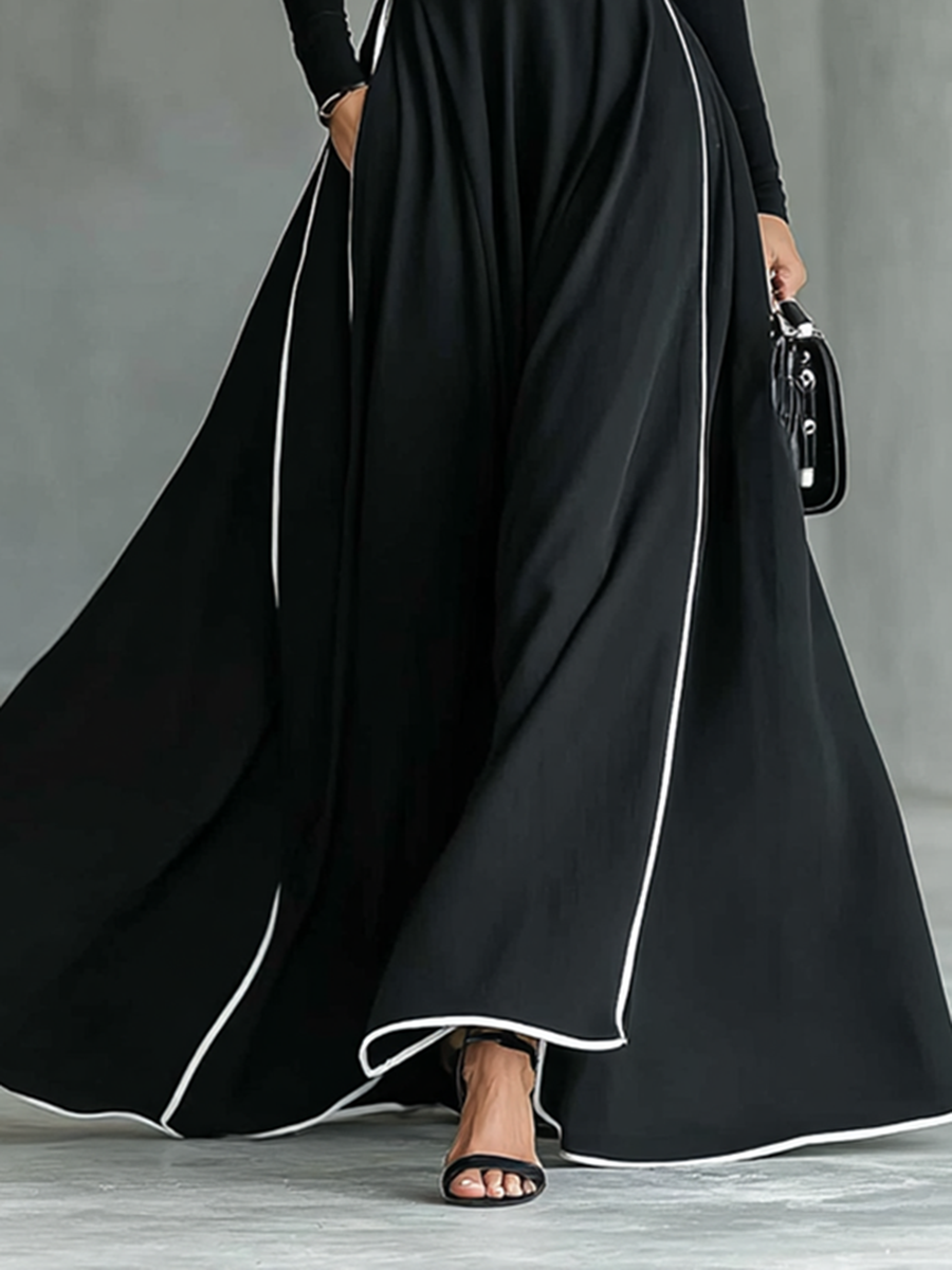 Black Maxi Dress - White Stitching, High Neck, Long Sleeves, Fitted Waist