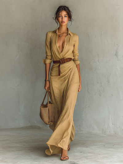 Veloura Luxe™ | Belted Maxi Shirt Dress with Included Belt