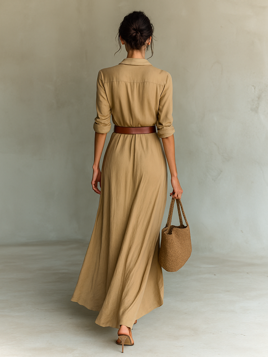 Maxi Dress - Notched Collar and Belt