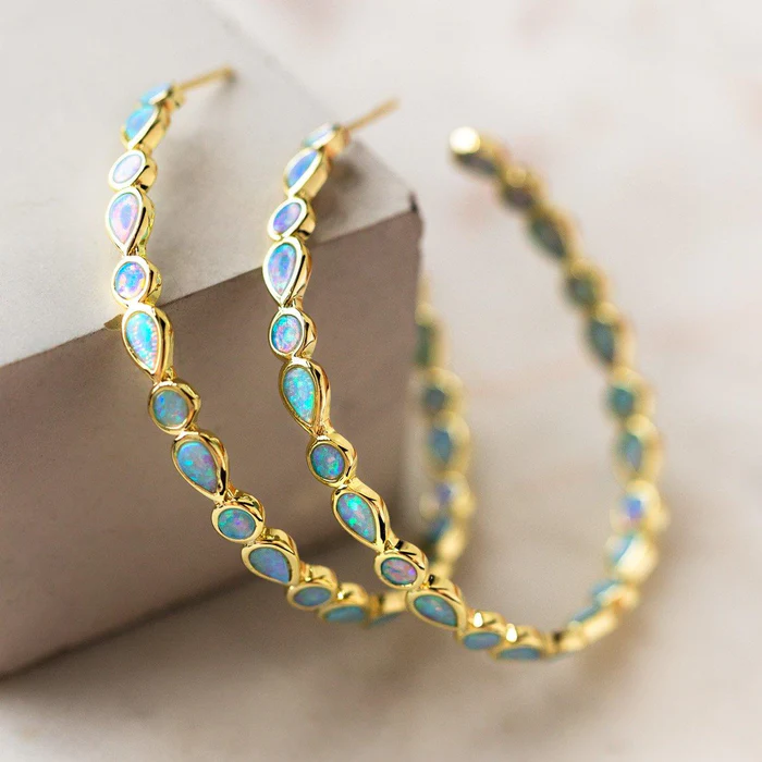 Gold Hoop Earrings with Vintage Blue Opal